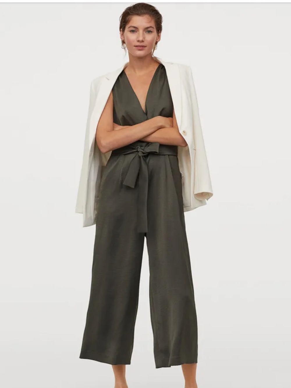 H&M Women Olive Green Tie-Belt Jumpsuit size 4